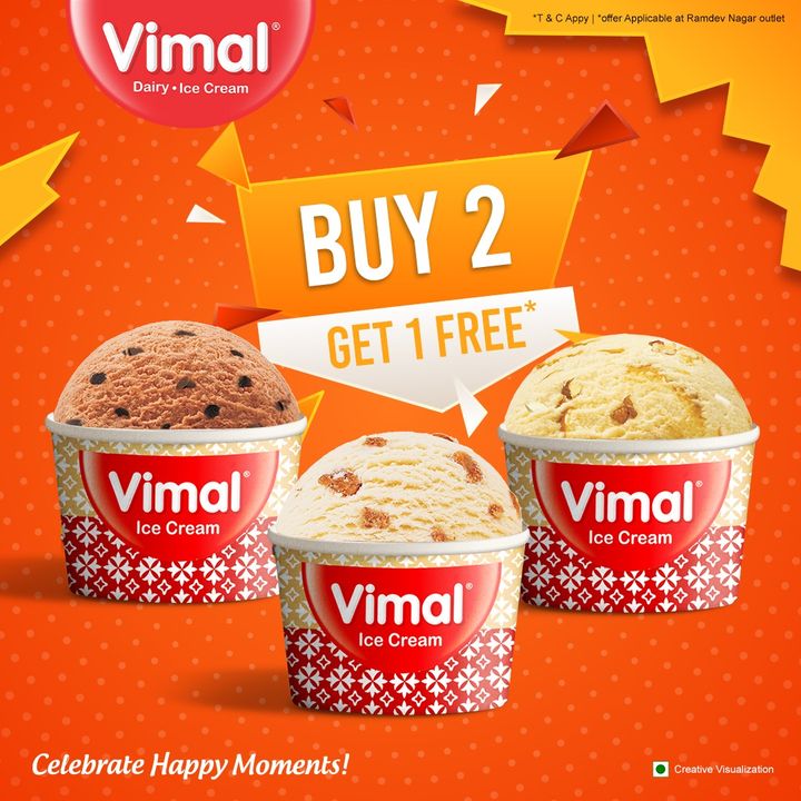 Festive season is around the corner and it calls for an irresistible OFFER!
BUY 2 GET 1 FREE
*Offer applicable only at Vimal outlet Ramdevnagar Satellite.
.
.
.
#VimalIceCreams #VimalDairy #foodstagram #icecreamlover #icecreamcake #icecreamcone #foodlover #icecream #dessert #food #foodie #chocolate #yummy #instafood #BallCone #Celebratehappymoments #icecreamCone #icecreamaddict #Icecreamlover #Icecreamoffer #Icecreamscoop