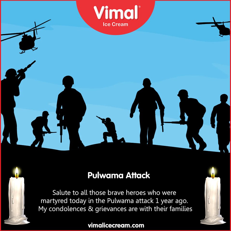Salute to all those brave heroes who were martyred today in the Pulwama attack 1 year ago. My condolences & grievances are with their families.

#PulwamaAttack #RIP #PulwamaTerrorAttack #Pulwama #RememberingPulwama #IcecreamLovers #FrostyKiss #Vimal #VimalIcecream #Ahmedabad https://t.co/BRTdsTpDKw