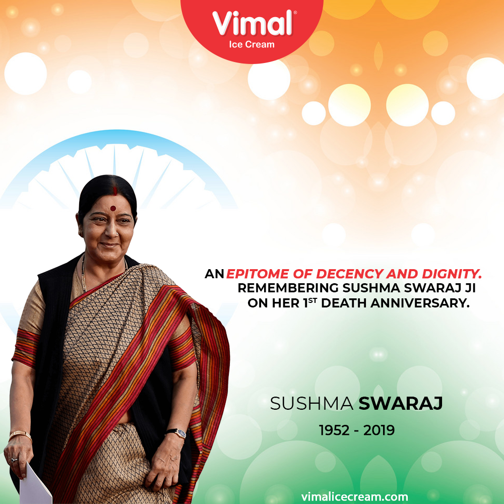 An epitome of decency and dignity. Remembering #SushmaSwarajJi on her 1st death anniversary.

#SushmaSwarajDeathAnniversary #SushmaSwaraj #Vimal #IceCream #VimalIceCream #Ahmedabad https://t.co/qTJO1iR47t