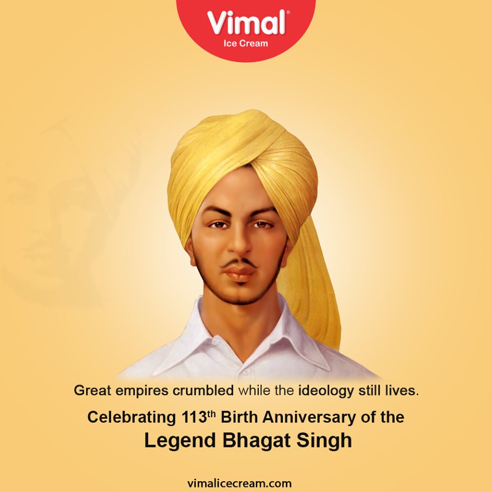 Great empires crumbled while the ideology still lives.
Celebrating the 113th birth anniversary of the legend Bhagat Singh.

#BirthAnniversary #ShaheedEAzam #VeerBhagatSingh #VimalIceCream #IceCreamLovers #Vimal #IceCream #Ahmedabad https://t.co/Glk9fQikcv