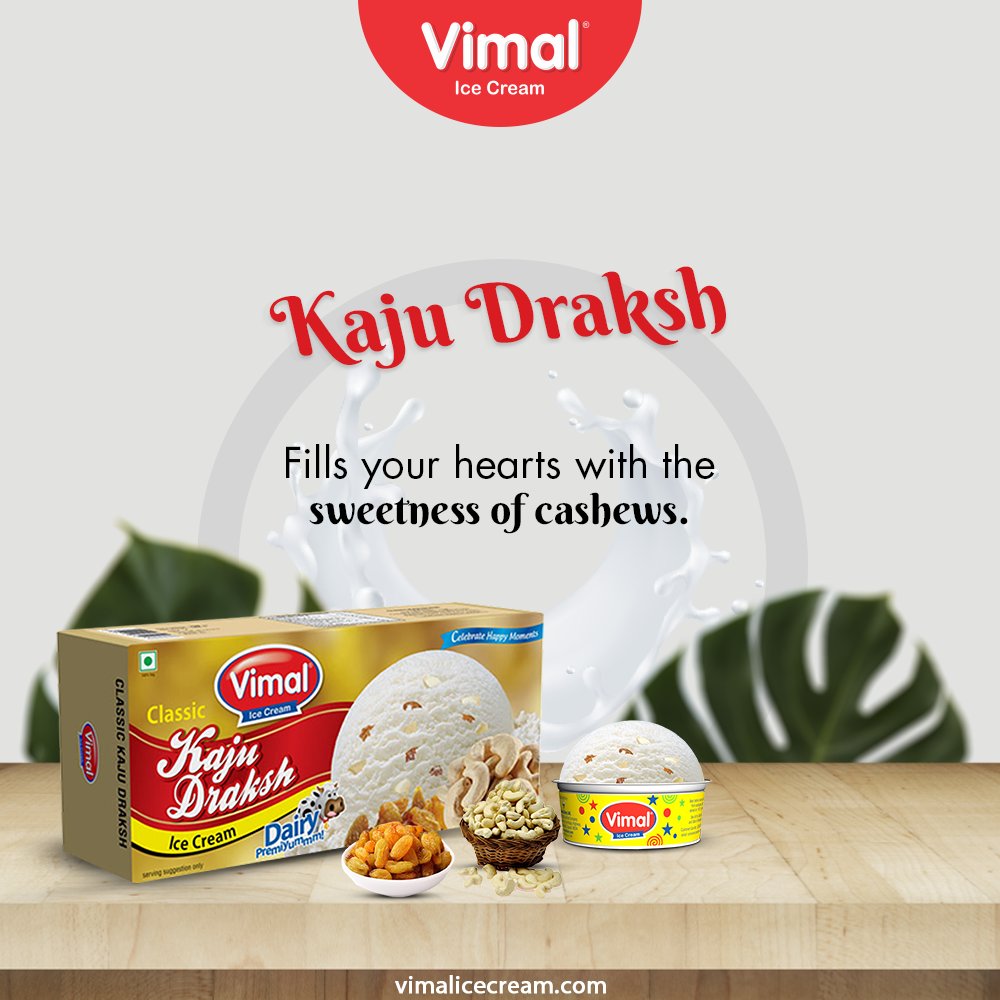The sweetness of cashews in the Kaju Draksh family pack by Vimal Ice Creams will fill both your heart and belly with a sweet delight.

#VimalIceCream #IceCreamLovers #Vimal #IceCream #Ahmedabad https://t.co/vkPrTNu0pQ