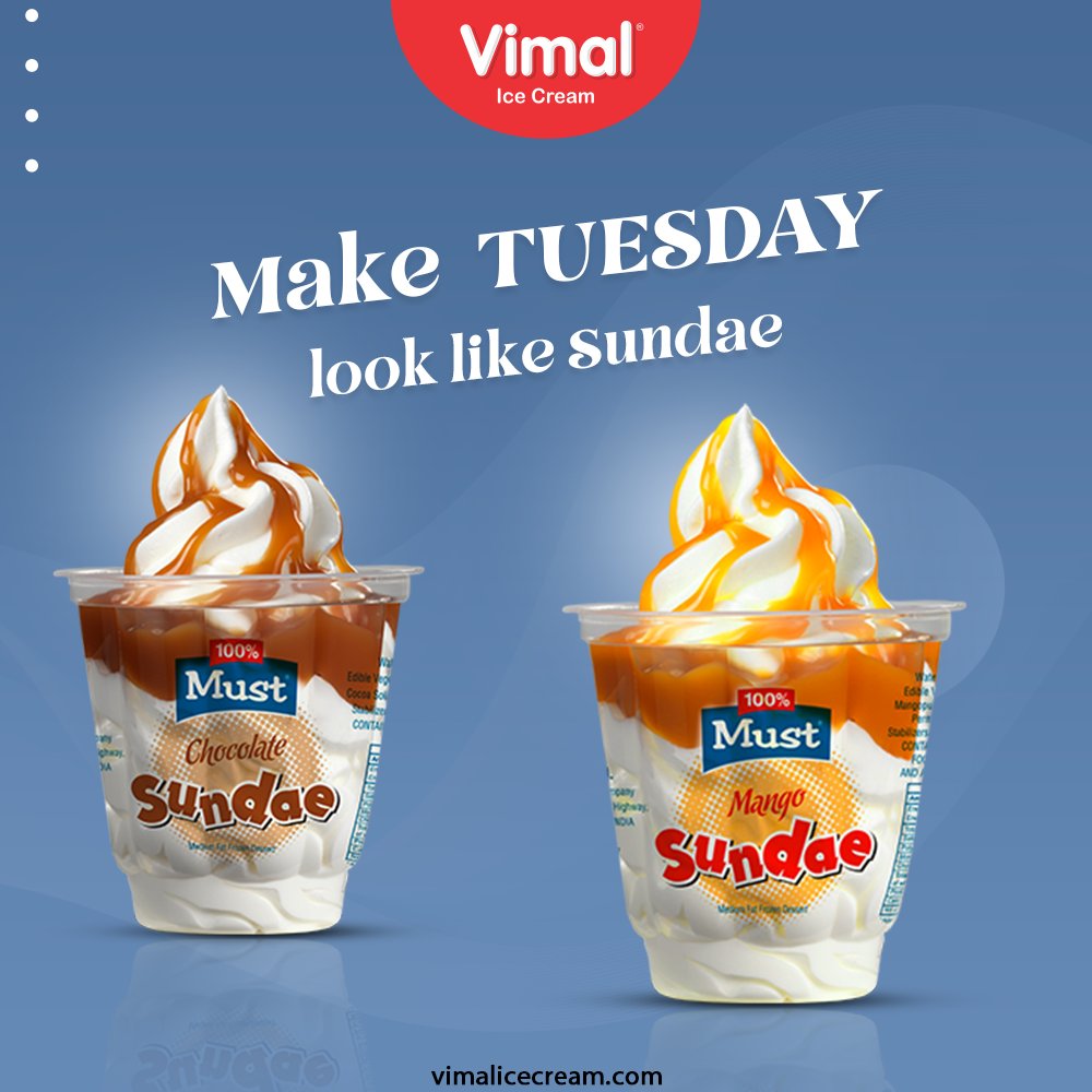 Never cease to rejoice the weekend vibes; Take delight in making this Tuesday look alike Sunade with Vimal Icecream.

#VimalIceCream #IceCreamLovers #Vimal #IceCream #Ahmedabad #Sundae #VimalSundae #HappyScooping https://t.co/TX38HtuFfj