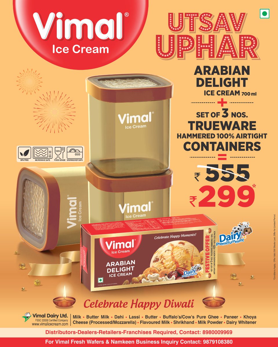 Here is the three-in-one festive offer to make you more excited about the festivities!
All you need to do is purchase the Arabian Delight ice-cream set of three 100% air-tight Trueware Airtight containers and save money.
#UtsavUphar #ThreeInOneOffer #The299Offer #DiwaliOffer https://t.co/smUJz1W4PX